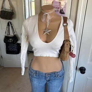 Sexy going out white ribbed deep v long sleeve crop top